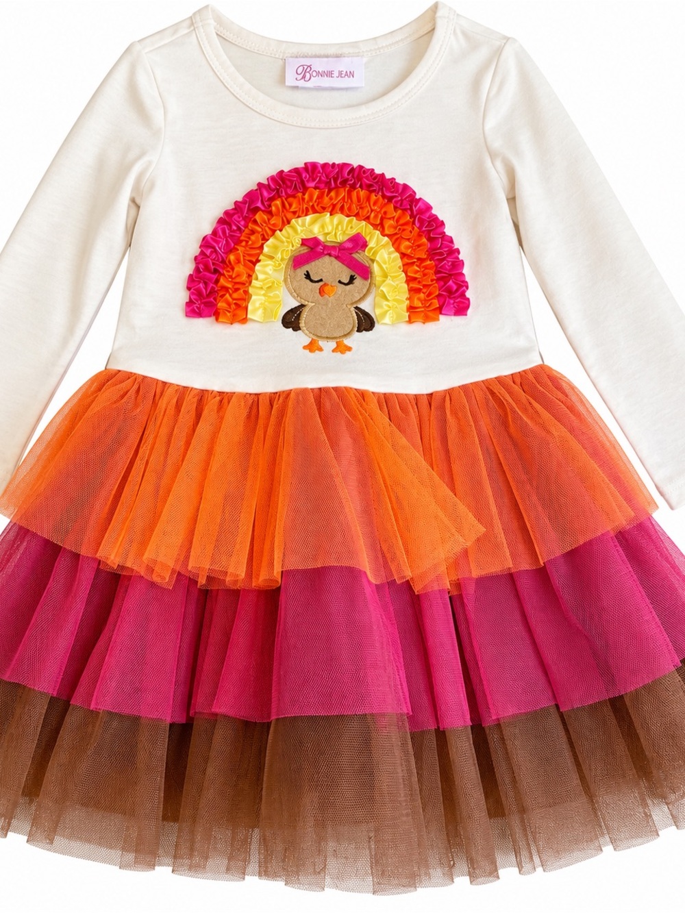 Bonnie Jean Cream Rainbow Owl Tulle Dress - Orange Pink Brown